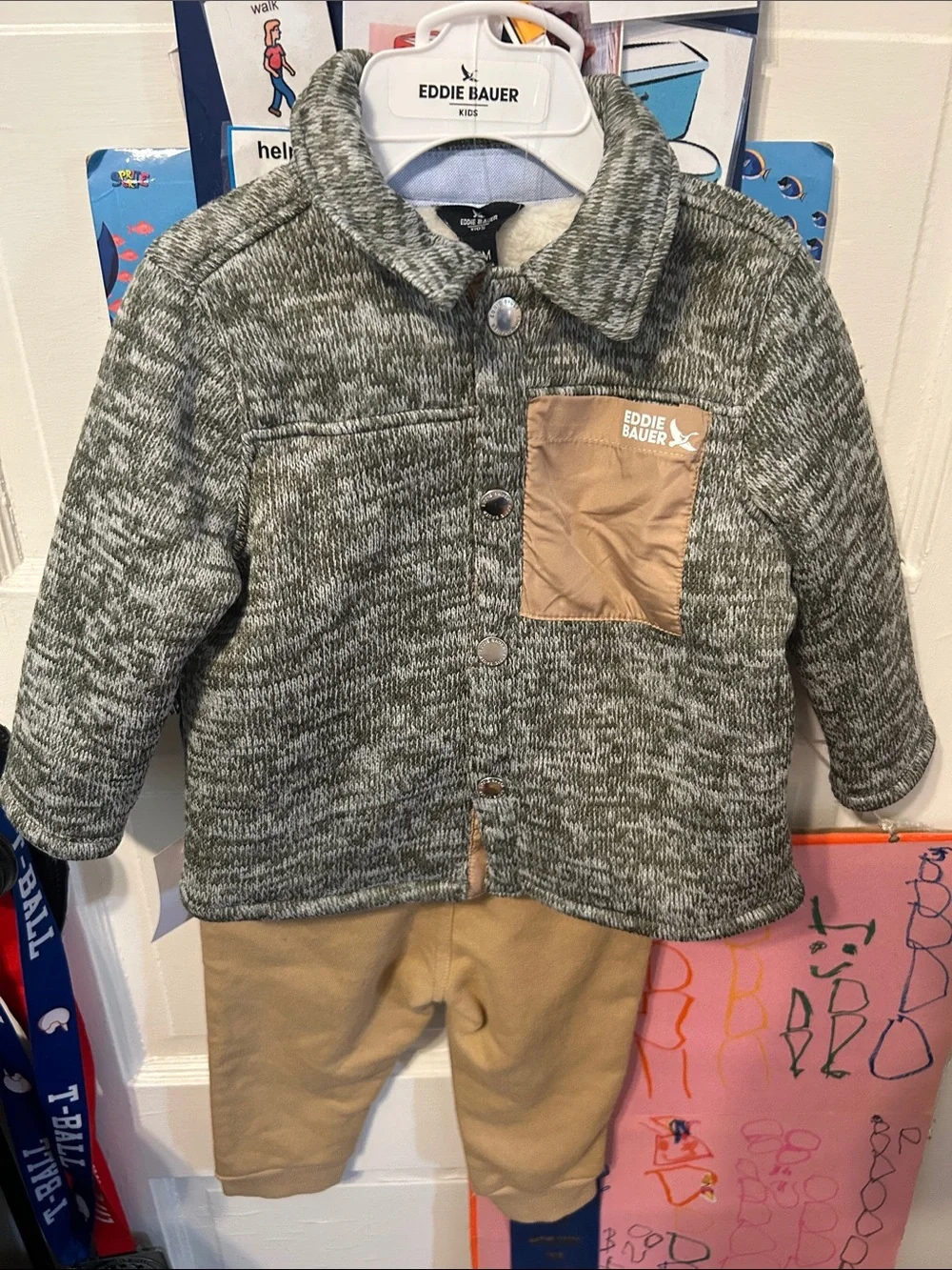 Eddie Bauer Gray Knit Sherpa-Lined Jacket with Tan Pocket
